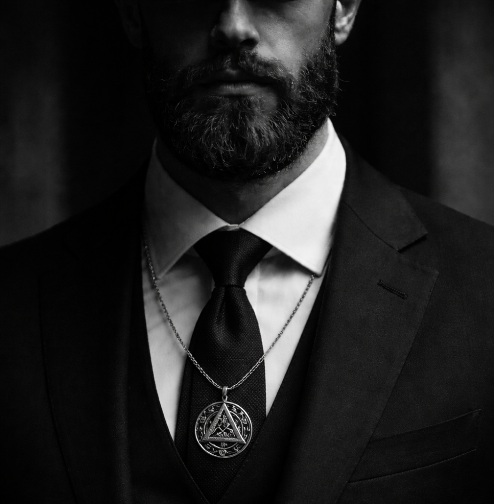 uomo vestito con giacca nera e camicia bianca con barba e collana con amuleto al collo